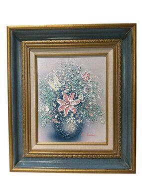 VTG 90s Floral Textured Oil Painting Pink Flower Gold Blue Frame Impasto Glitter